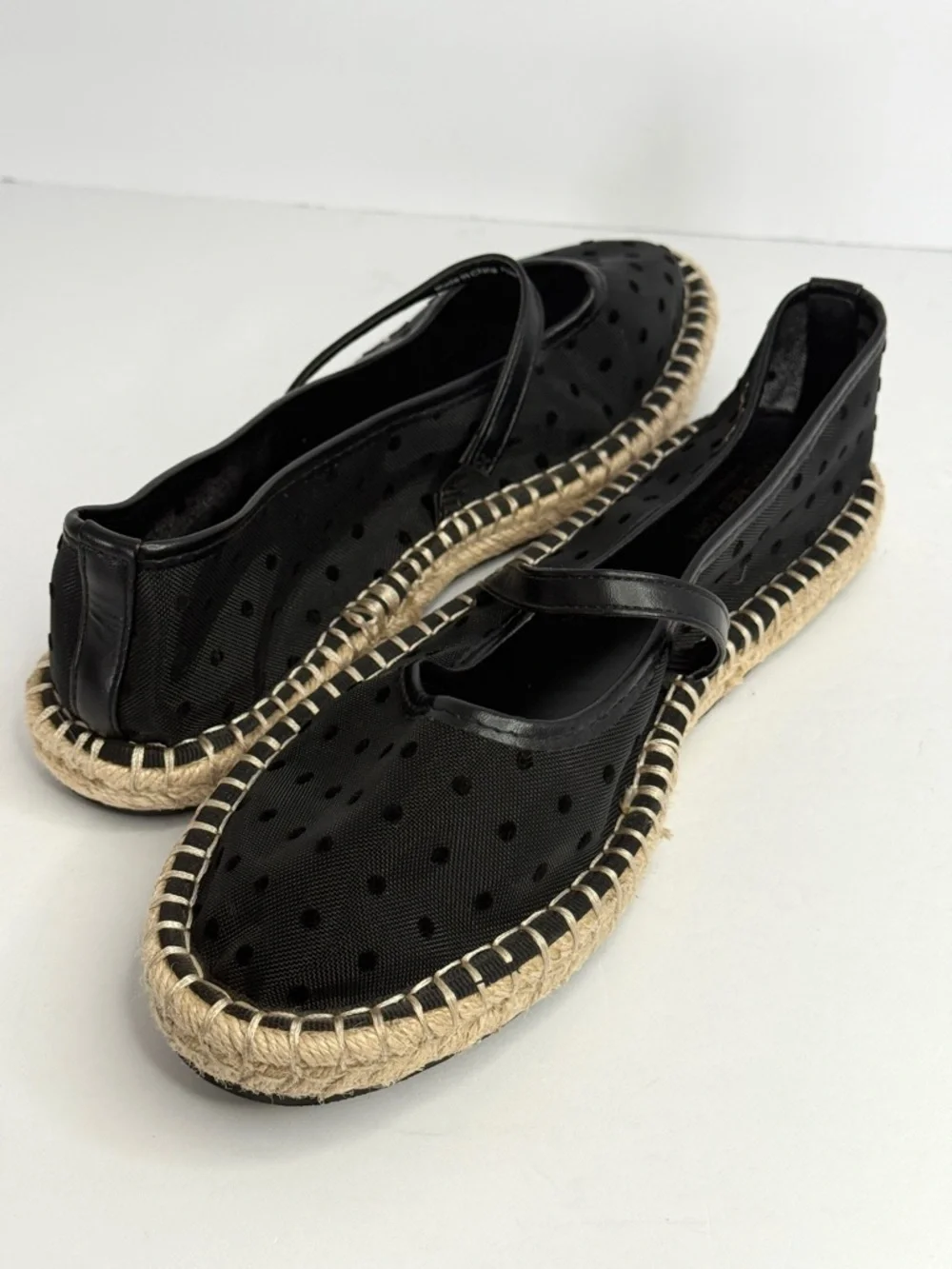 Marc New York Black Polka Dot Mesh Mary Jane Espadrille Flats Size 7.5M